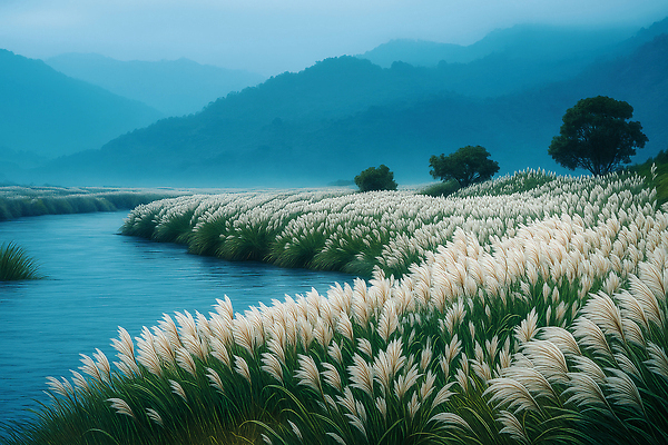 JPG 식물 편집이미지 자연 하늘 아침 산 풍경 물 강 안개 생태계 조용 갈대밭 애기똥풀 이미지편집 AI컴퓨터그래픽 AI콘텐츠 주간 자연요소 날씨 파일형식 갈대_식물