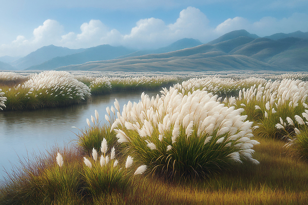 JPG 식물 편집이미지 자연 생명 아침 바람 풍경 초원 강 햇빛 일출 고요 생태계 억새 갈대밭 산맥 이미지편집 AI컴퓨터그래픽 AI콘텐츠 주간 자연요소 날씨 산 태양 노을 파일형식 갈대_식물