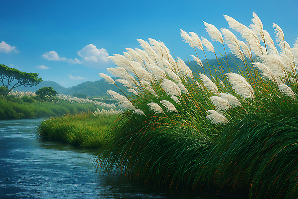 JPG 편집이미지 자연 하늘 산 풍경 초원 물 여름 강 평화 수영 조용 갈대밭 뷰티풀 이미지편집 AI컴퓨터그래픽 AI콘텐츠 자연요소 계절 컨셉 수상스포츠 생태계 파일형식 갈대_식물
