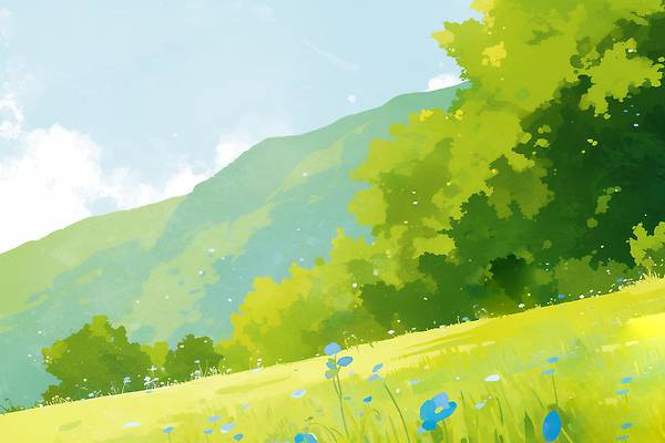 JPG 나무 꽃 일러스트 자연 하늘 생명 조명 산 풍경 초원 여름 파란색 하이킹 생태계 뷰티풀 오후 국내일러스트 AI일러스트 AI콘텐츠 식물 계절 컬러 레저 파일형식