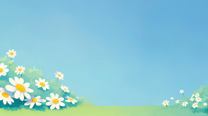 JPG 식물 꽃 화초 일러스트 자연 하늘 밝음 풍경 잔디 초원 햇빛 평화 봄 데이지 국내일러스트 AI일러스트 AI콘텐츠 계절 컨셉 태양 생태계 파일형식