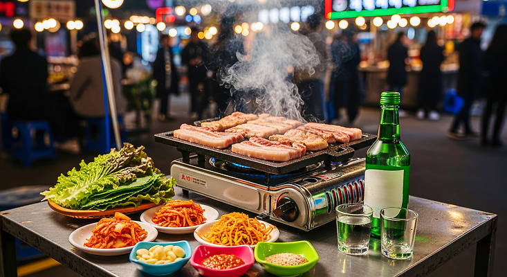 JPG 편집이미지 한식 반찬 주류 육류 야외 친구 식사 모임 저녁 바비큐 구이 삼겹살 불판 먹거리 쌈채소 회식 의료성형뷰티 편집실사 AI인물포토 AI콘텐츠 음료 음식 채소 식재료 관계 돼지고기 야간 CG 파일형식 AI포토