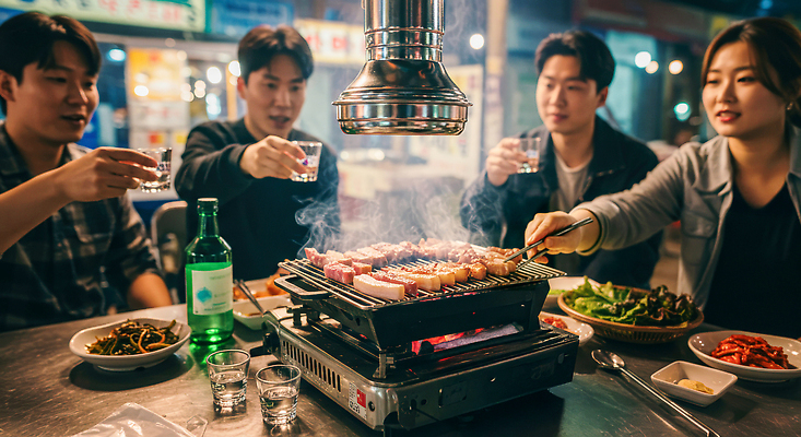 JPG 편집이미지 음료 채소 주류 육류 대화 친구 식사 모임 그릴 저녁 바비큐 즐거움 삼겹살 고기구이 의료성형뷰티 맛있는 편집실사 AI인물포토 AI콘텐츠 감정 음식 식재료 관계 주방용품 돼지고기 말하기 야간 구이 CG 파일형식 AI포토