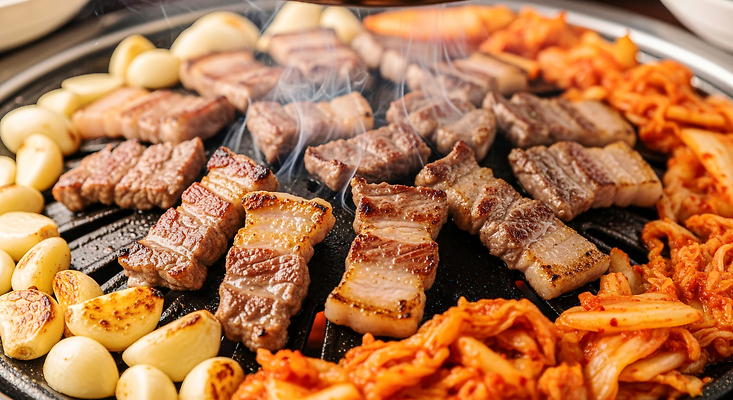 JPG 편집이미지 한식 채소 김치 마늘 육류 요리 파티 식사 저녁 바비큐 구이 삼겹살 불판 고기구이 편집실사 AI포토 AI콘텐츠 음식 식재료 돼지고기 이벤트 야간 CG 파일형식