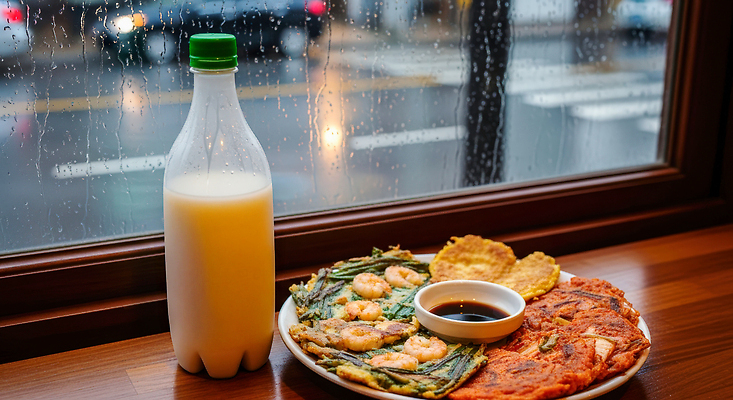 JPG 편집이미지 전통 여유 한식 음식 디저트 요리 식사 우유 맛 저녁 창가 막걸리 친목 해물파전 편집실사 AI포토 AI콘텐츠 감정 컨셉 창문 유제품 주류 야간 CG 파전 파일형식