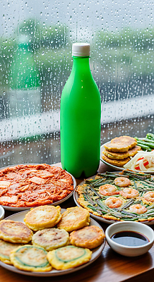 JPG 편집이미지 한식 음식 재료 따뜻함 풍경 식사 시골 맛 전 간장 부침개 막걸리 창밖 해물파전 편집실사 AI포토 AI콘텐츠 컨셉 창문 주류 양념 CG 파전 파일형식