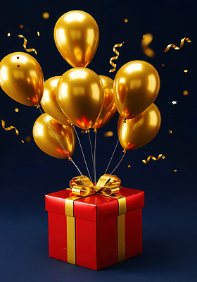 JPG 편집이미지 선물 이벤트 장식 빨간색 선물상자 파티 축제 기쁨 금색 축하 생일 풍선 순간 이미지편집 AI컴퓨터그래픽 AI콘텐츠 기념일 감정 컬러 컨셉 상자 파일형식