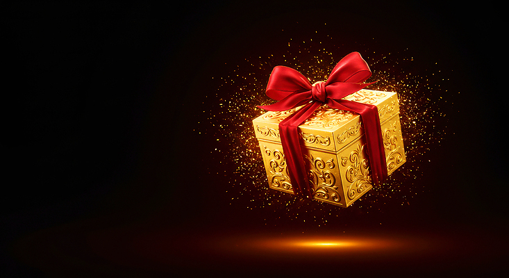 JPG 편집이미지 감정 리본 선물 이벤트 공중 장식 반짝임 상자 축제 축하 분위기 황금 마법 특별함 이미지편집 AI컴퓨터그래픽 AI콘텐츠 컨셉 모션 파일형식