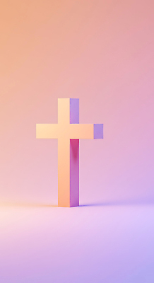 JPG 편집이미지 디자인 기독교 예술 상징 분홍색 백그라운드 십자가 형상 조형물 보라색 오브젝트 기하학 색감 조형예술 이미지편집 AI컴퓨터그래픽 AI콘텐츠 종교 컬러 무늬 미술 파일형식
