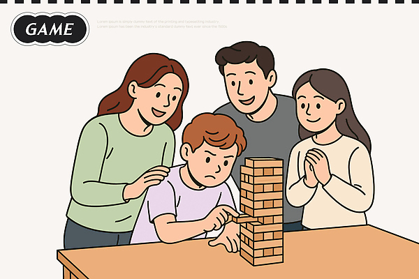 일러스트 모션 놀이 회의 협력 실내 취미 친구 경쟁 블록 게임 놀이터 집중 즐거움 긴장 보드게임 젠가 상호작용 국내일러스트 AI파일 감정 컨셉 비즈니스 관계 내부 놀이용품 파일형식 벡터