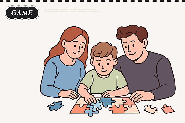 아들 컬러 조각 생각 일러스트 가족 모션 놀이 협력 주택 함께함 취미 부모 시간 퍼즐 집중 즐거움 보드게임 창의력 유대감 차분 국내일러스트 AI파일 감정 컨셉 관계 건물 파일형식 벡터