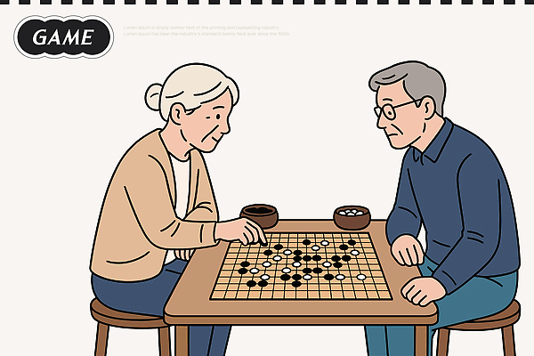 할아버지 노년 할머니 일러스트 모션 탁자 대화 취미 게임 저녁 집중 즐거움 전략 점심 판 바둑 보드게임 소통 친목 백돌 국내일러스트 AI파일 여자 남자 감정 가구 컨셉 놀이 말하기 성인 돌_바위 야간 파일형식 벡터