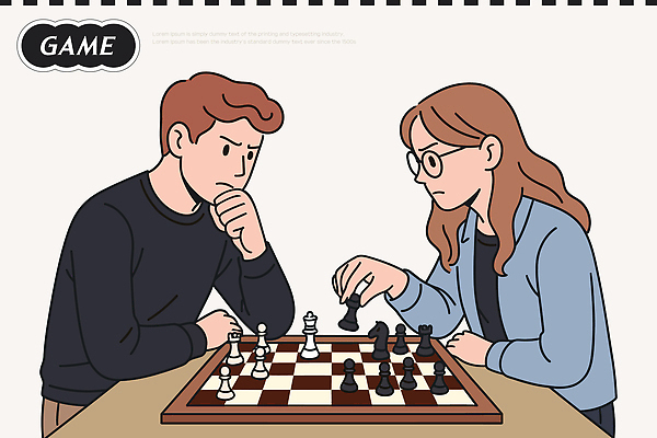 여자 남자 생각 일러스트 모션 놀이 취미 친구 학습 경쟁 게임 시간 체스 집중 즐거움 두뇌 전략 보드게임 승부 클래스 국내일러스트 AI파일 교육 감정 컨셉 관계 사람 뇌 파일형식 벡터