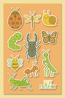 PSD 예술 컬러 나비 백그라운드 스티커 일러스트 자연 생명 장식 무당벌레 개미 매미 주황색배경 과채 국내일러스트 곤충 채소 과일 주황색 생태계 파일형식