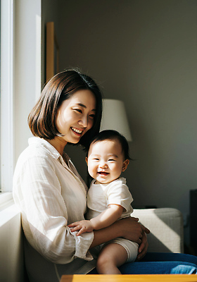 JPG 편집이미지 행복 어린이 가족 안기 포옹 엄마 주택 따뜻함 사랑 웃음 빛 기쁨 방 아기 순간 의료성형뷰티 편집실사 AI인물포토 AI콘텐츠 감정 관계 모션 표정 사람 건물 CG 파일형식 AI포토