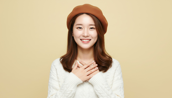 JPG 편집이미지 패션 행복 감정 포즈 백그라운드 미소 웃음 스웨터 즐거움 손모으기 베레모 뷰티풀 의료성형뷰티 편집실사 AI인물포토 AI콘텐츠 모자_잡화 상의 표정 손짓 CG 파일형식 AI포토