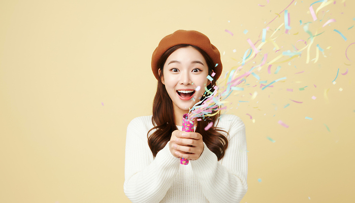 JPG 편집이미지 여자 행복 표정 동양인 이벤트 파티 축제 기쁨 축하 생일 즐거움 잔치 밝은색 의료성형뷰티 편집실사 AI인물포토 AI콘텐츠 기념일 감정 컨셉 사람 인종 CG 파일형식 AI포토