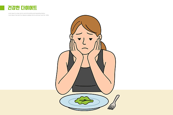 라이프스타일 여자 감정 음식 다이어트 채소 일러스트 식탁 건강 식사 슬픔 좌절 상추 칼로리 식사준비 국내일러스트 AI파일 컨셉 탁자 사람 생활 준비 파일형식 벡터