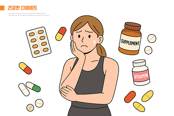 라이프스타일 웰빙 여자 다이어트 일러스트 건강 식이요법 운동 알약 약 헬스 고민 비타민 건강식 습관 영양소 영양제 국내일러스트 AI파일 감정 음식 의학 사람 생활 파일형식 벡터