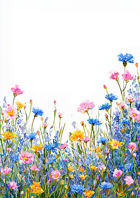 JPG 계절 꽃 화초 분홍색 컬러 꽃밭 일러스트 자연 하늘 풍경 초원 파란색 노란색 평화 보라색 들꽃 화사함 뷰티풀 국내일러스트 AI일러스트 AI콘텐츠 식물 컨셉 생태계 파일형식