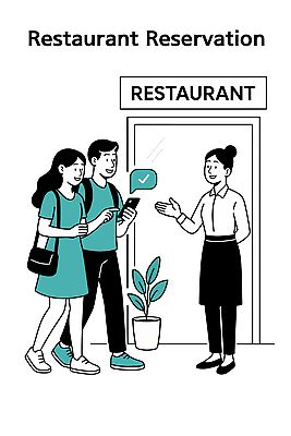 커플 행복 감정 컬러 일러스트 대화 레스토랑 식사 만남 저녁 입장 고객 직원 즐거움 확인 서비스 상담 초대 예약 식사준비 국내일러스트 AI파일 컨셉 관계 말하기 식당 야간 준비 파일형식 벡터