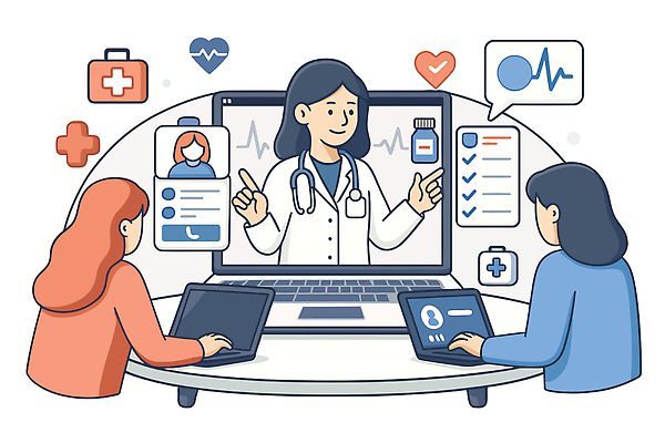 일러스트 의학 건강 치료 컴퓨터 약 건강관리 과학기술 환자 질병 상담 예방 증상 화상통화 원격의료 국내일러스트 AI파일 기술 관리 전자제품 진료 통화 원격 파일형식 벡터