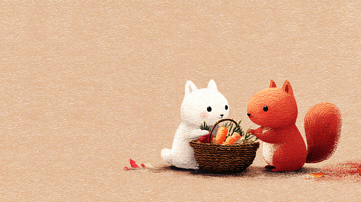 JPG 동물 캐릭터 컬러 일러스트 자연 놀이 생명 사랑 친구 바구니 평화 귀여움 고양이 당근 즐거움 다람쥐 나누기 소통 상호작용 국내일러스트 AI일러스트 AI콘텐츠 감정 컨셉 포유류 관계 뿌리채소 반려동물 설치류 생태계 파일형식