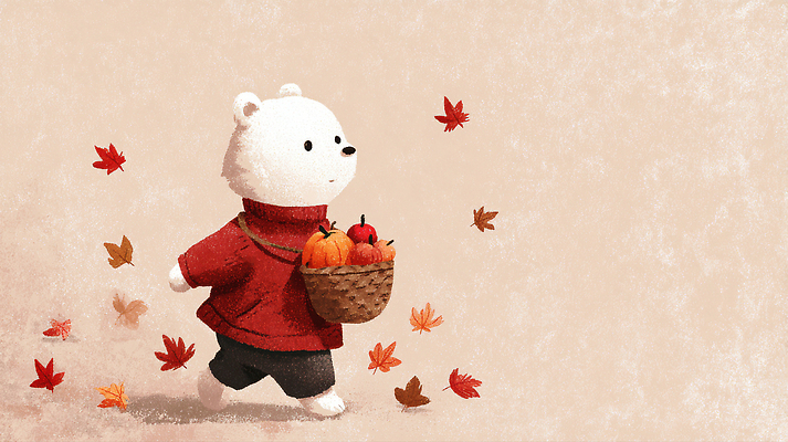 JPG 나무 동물 캐릭터 계절 단풍 잎 일러스트 곰 자연 호박 풍경 바구니 걷기 귀여움 주황색 작음 빨간옷 색감 아기곰 국내일러스트 AI일러스트 AI콘텐츠 식물 옷 새끼 컬러 컨셉 채소 포유류 모션 크기 생태계 파일형식