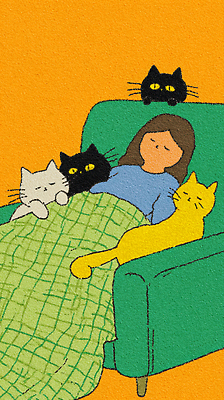 JPG 동물 여자 행복 일러스트 휴식 사랑 일상 생활 반려동물 소파 귀여움 주황색 고양이 편안함 담요 이미지 냥집사 국내일러스트 AI일러스트 AI콘텐츠 감정 컬러 컨셉 의자 포유류 사람 라이프 감각 합성어 파일형식