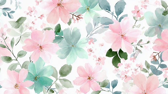 JPG 식물 디자인 꽃 예술 분홍색 컬러 백그라운드 잎 패턴 일러스트 자연 수채화 미술 그래픽 장식 봄 화사함 민트색 뷰티풀 색감 국내일러스트 AI일러스트 AI콘텐츠 계절 컨셉 무늬 문화예술 생태계 파일형식
