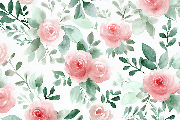 JPG 식물 디자인 꽃 예술 분홍색 컬러 백그라운드 잎 패턴 일러스트 자연 벽지 수채화 장식 장미 그림 부드러움 화사함 조화 뷰티풀 패브릭 국내일러스트 AI일러스트 AI콘텐츠 컨셉 무늬 직물 감각 생태계 파일형식