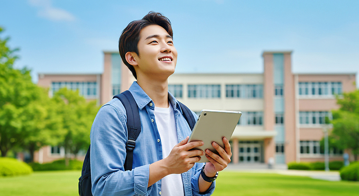 JPG 편집이미지 학생 교육 남학생 대학생 하늘 기술 웃음 야외 건물 학습 청춘 태블릿 대학교 신입생 의료성형뷰티 편집실사 AI인물포토 AI콘텐츠 건축물 남자 컨셉 학교 표정 전자제품 스마트기기 CG 파일형식 AI포토