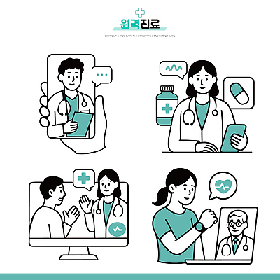 일러스트 통신 의학 기술 건강 치료 스마트폰 컴퓨터 약 건강관리 디지털 진료 환자 의사 분석 상담 예방 증상 원격의료 국내일러스트 AI파일 컨셉 관리 전자제품 핸드폰 스마트기기 의료진 원격 파일형식 벡터