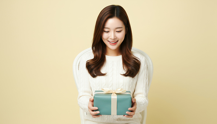 JPG 편집이미지 여자 행복 백그라운드 포장 표정 선물 웃음 이벤트 파란색 상자 노란색 희망 기쁨 축하 생일 의료성형뷰티 편집실사 AI인물포토 AI콘텐츠 기념일 감정 컬러 컨셉 사람 CG 파일형식 AI포토