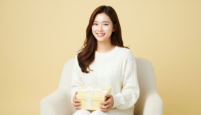 JPG 편집이미지 여자 기념일 포즈 백그라운드 의자 실내 선물 미소 웃음 상자 촬영 봄 기쁨 의료성형뷰티 편집실사 AI인물포토 AI콘텐츠 계절 감정 가구 표정 사람 이벤트 내부 CG 파일형식 AI포토