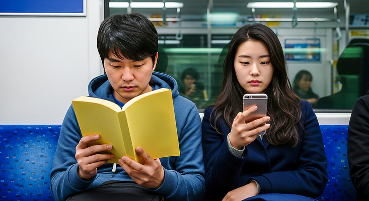 JPG 편집이미지 여자 남자 이동 모션 대중교통 사람 여러명 책 스마트폰 독서 노란색 도시 시간 전철 승객 의료성형뷰티 편집실사 AI인물포토 AI콘텐츠 육상교통 교통수단 컬러 다수 컨셉 핸드폰 스마트기기 CG 파일형식 AI포토