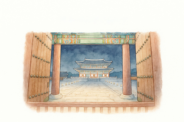 JPG 전통 건축 문화 예술 여행 일러스트 하늘 조명 한국 풍경 문 고요 궁전 역사 야간 경복궁 관람 시민 뷰티풀 국내일러스트 AI일러스트 AI콘텐츠 자연요소 아시아 고건축 국민 파일형식