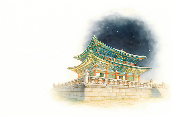 JPG 건축 예술 고건축 일러스트 자연 밤하늘 지붕 설계 조명 한국 풍경 건물 장식 고요 궁전 문화재 화려 역사 고풍 뷰티풀 국내일러스트 AI일러스트 AI콘텐츠 건축물 아시아 컨셉 하늘 야간 생태계 파일형식