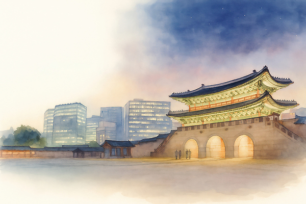 JPG 전통 사계절 건축 문화 여행 일러스트 하늘 한국 풍경 빛 궁전 도시 역사 저녁 경복궁 조용 관람 조화 뷰티풀 국내일러스트 AI일러스트 AI콘텐츠 계절 아시아 고건축 야간 파일형식