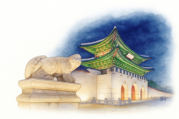 JPG 한국전통 건축물 고건축 야경 일러스트 출입구 조명 서울 한국 관광지 빛 조각상 정원 궁전 문화재 돌_바위 역사 경복궁 가치 수호신 뷰티풀 국내일러스트 AI일러스트 AI콘텐츠 전통 건축 아시아 여행 조형물 신_종교 야간 파일형식 풍경_경치