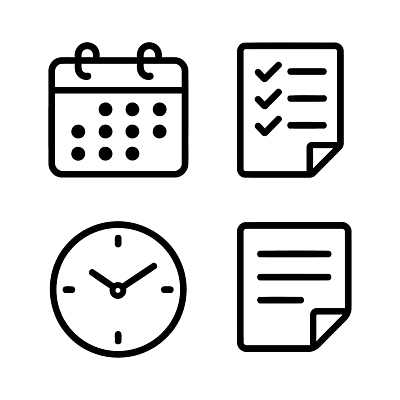아이콘 시계 달력 기록 메모지 업무 계획 정리 시간관리 목표설정 일정표 체크리스트 2D아이콘 AI파일 컨셉 사무용품 작업 파일형식 벡터