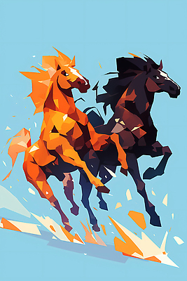JPG 모양 디자인 예술 컬러 백그라운드 두마리 일러스트 달리기 운동 검은색 주황색 표현 말_게임 크기 그림 기하학 강렬 분포 창작 국내일러스트 병오년 붉은말 AI일러스트 AI콘텐츠 2 무늬 모션 건강 말_동물 파일형식 2026년