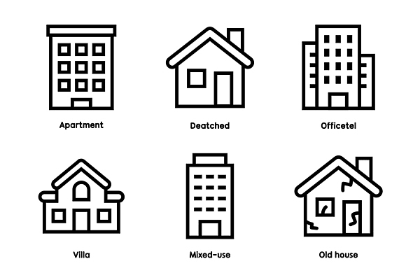 아이콘 디자인 아파트 건물 도시 구출 빌라 단독주택 생활공간 오피스텔 2D아이콘 AI파일 건축물 주택 도움 파일형식 벡터