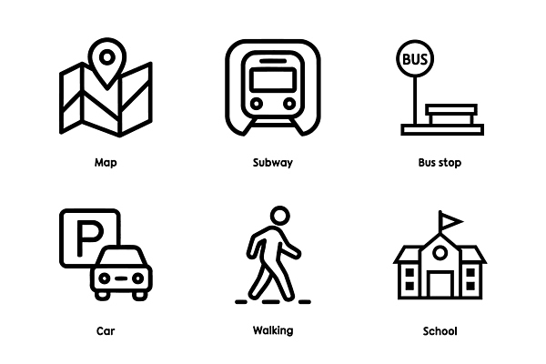아이콘 교통수단 교통 이동 지도 학교 자동차 거리 대중교통 걷기 도시 전철 버스정류장 주차 2D아이콘 AI파일 교육 육상교통 컨셉 모션 역 파일형식 벡터
