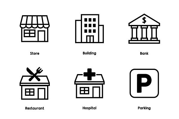 아이콘 기호 비즈니스 의학 병원 건물 환경 상점 식당 도시 주차 서비스 상업 주차장 2D아이콘 AI파일 문자 건축물 파일형식 벡터