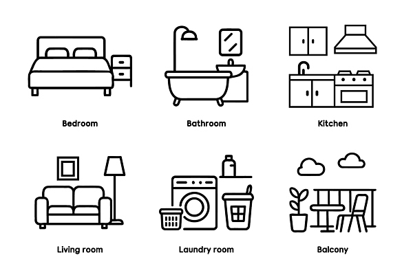 아이콘 디자인 가구 거실 욕조 실내 생활 인테리어 주방 공간 침실 욕실 발코니 편안함 세탁실 2D아이콘 AI파일 생활용품 내부 감각 파일형식 벡터
