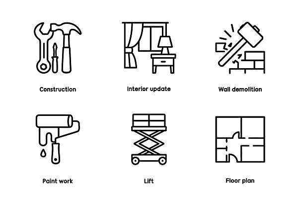 아이콘 건축 가구 주택 인테리어 공간 도구 수리 모던 리프트 리모델링 업데이트 2D아이콘 AI파일 디자인 생활용품 건물 파일형식 벡터