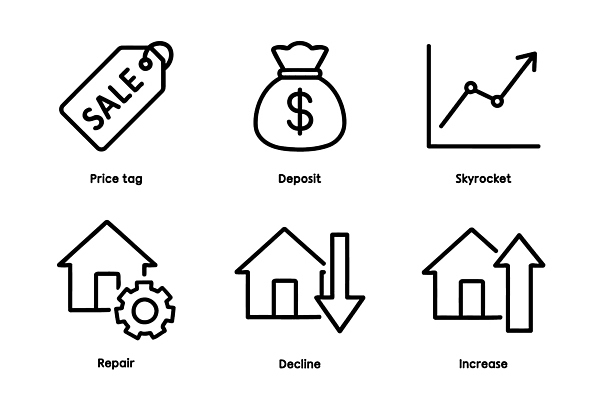 아이콘 돈 가방 주택 경제 꼬리표 판매 거래 수리 가격 하락 상승 서류판 재정 2D아이콘 AI파일 잡화 컨셉 건물 라벨 사무용품 재산 파일형식 벡터