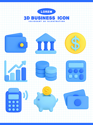PSD 아이콘 디자인 지폐 비즈니스 통계 금융 파란색 3D아이콘 3D 동전 저축 계산기 역사 분석 서류판 재정 컬러 컨셉 돈 문구용품 경제 사무용품 장비 디지털합성 파일형식