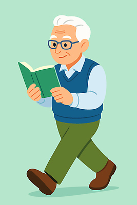캐릭터 노년 남자 안경 여유 일러스트 건강 미소 취미 책 운동 노란색 걷기 귀여움 조끼 집중 읽기 국내일러스트 AI파일 잡화 감정 컬러 컨셉 모션 표정 사람 성인 외투 파일형식 벡터